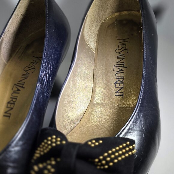 Yves Saint Laurent Black Leather Studded Bow Kitten Heel Pumps Size 6 - Picture 11 of 12